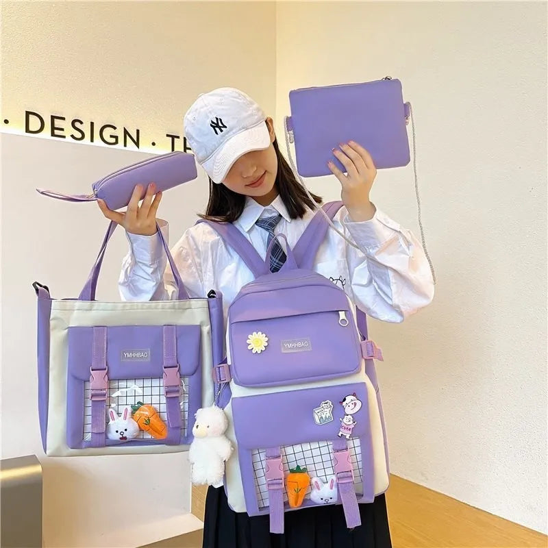 Set de Mochilas 5 en 1: con pines y peluches incluido + Regalo Educativo Gratis