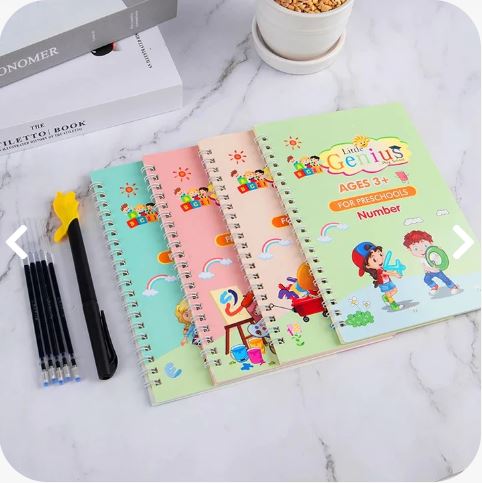 Super Combo: 4 Cuadernos Montessori Reutilizables + Lapicero Mágico: Unico con 10 Minas Repuesto Tinta Invisible