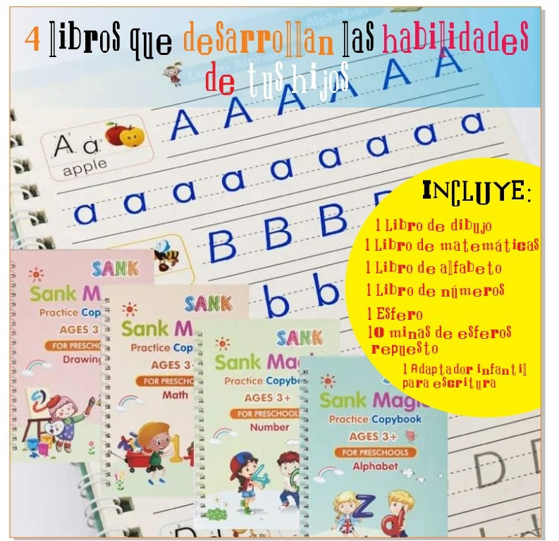 Super Combo: 4 Cuadernos Montessori Reutilizables + Lapicero Mágico: Unico con 10 Minas Repuesto Tinta Invisible