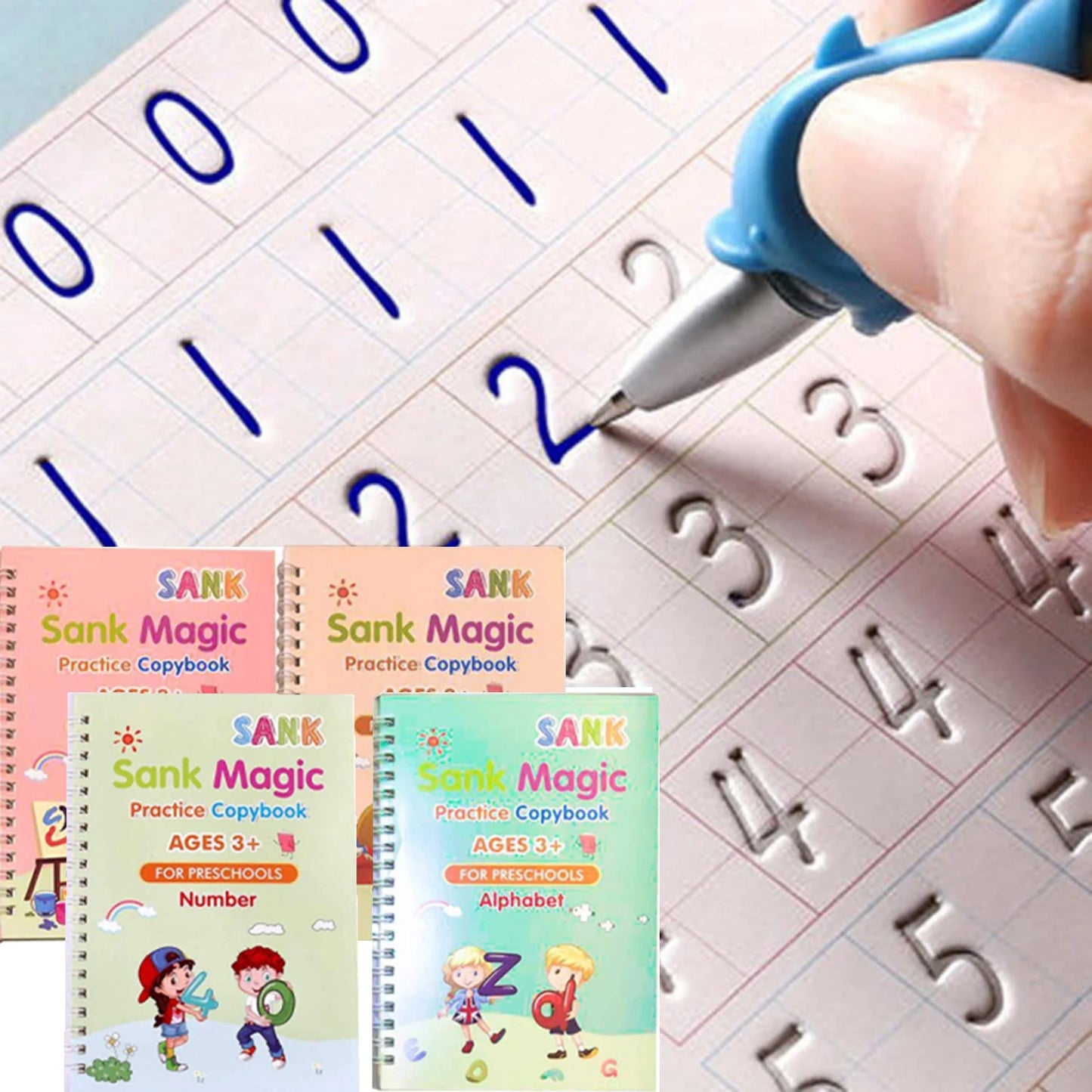 Super Combo: 4 Cuadernos Montessori Reutilizables + Lapicero Mágico: Unico con 10 Minas Repuesto Tinta Invisible