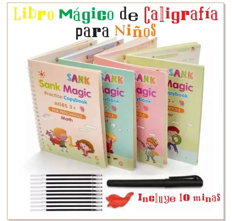 Super Combo: 4 Cuadernos Montessori Reutilizables + Lapicero Mágico: Unico con 10 Minas Repuesto Tinta Invisible
