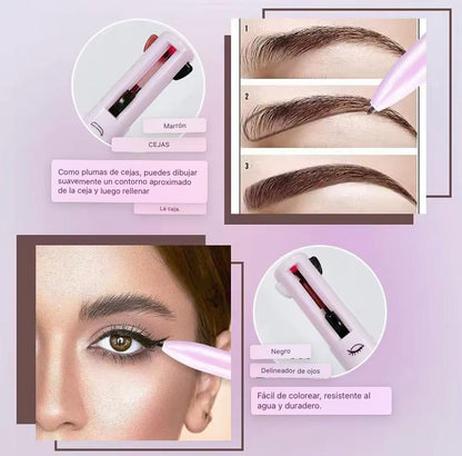 Menos peso en tu bolso, más estilo en tu rostro. ¡Un lápiz ,cuatro soluciones! cejas, labios, ojos e iluminación en segundos.