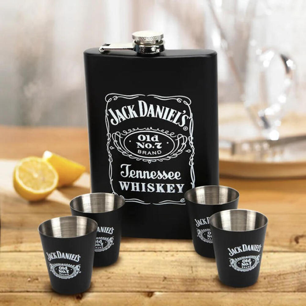 Licorera Jack Daniels + 4 Copas + Embudo OBSEQUIO: Caja de regalo