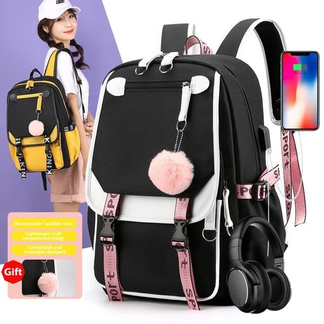 MOCHILA SMART KAWAII + PELUCHE POMPOM: INCLUYE PUERTO PARA CARGA Y PUERTO AURICULAR