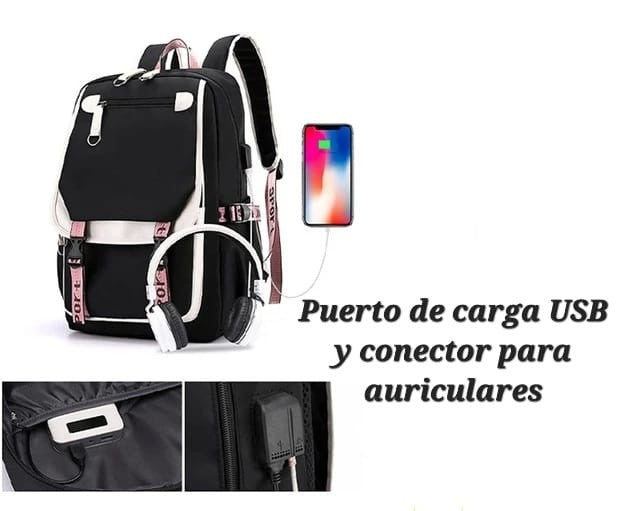 MOCHILA SMART KAWAII + PELUCHE POMPOM: INCLUYE PUERTO PARA CARGA Y PUERTO AURICULAR